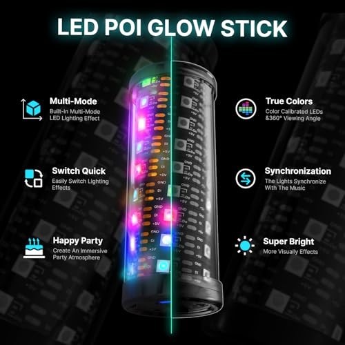 USB Rechargeable LED Poi Stick - 241 Light Modes, Customizable Colors for Rave &