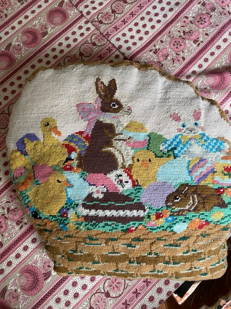 Vintage Needlepoint Pillow Easter Basket Bunny Chick Duck Eggs 15”