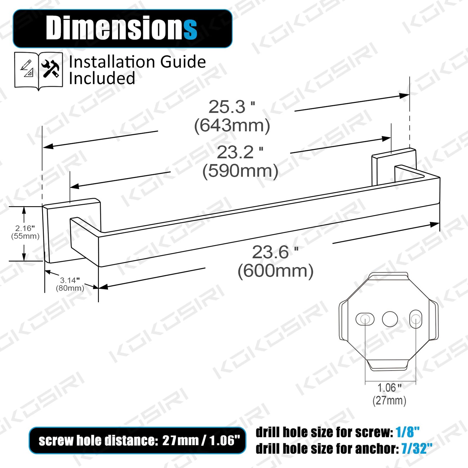 24-Inch Single Towel Bar, Bathroom Kitchen Towel Holder, Wall Mounted SUS304 ...