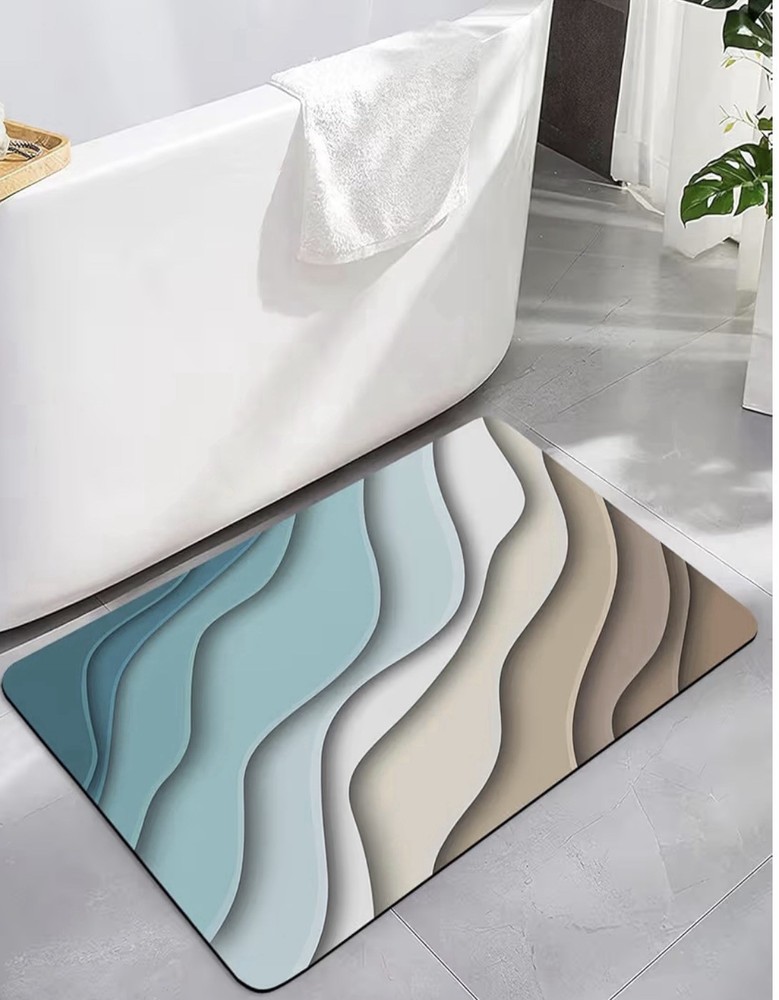 Abstract Wave Pattern Bath Mat Rectangle Blue Beige Brown White Bathroom