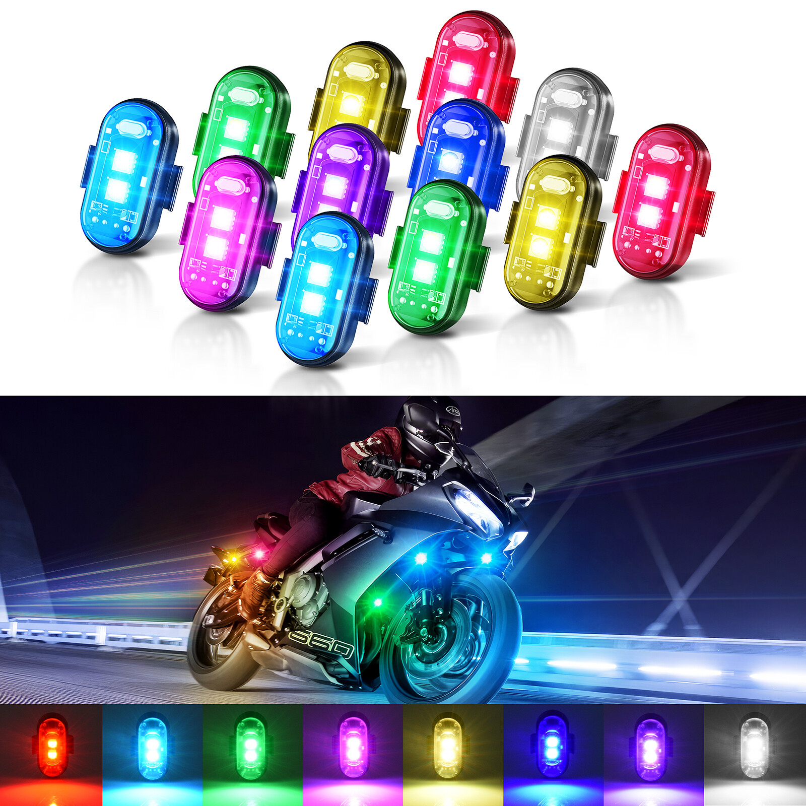 12PCS Wireless LED Strobe Lights 8 Colors USB Rechargeable Anti-Collision Lamps