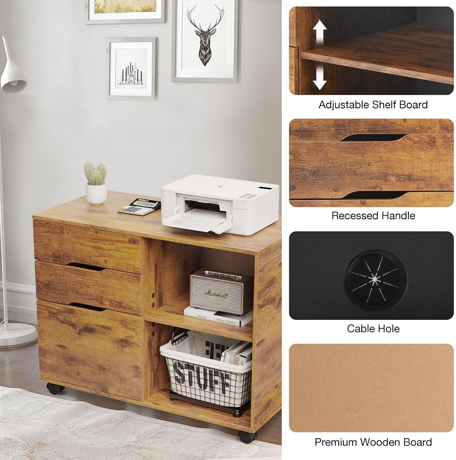 3-Drawer File Cabinet Lateral Mobile Cabinet Wood Under Desk Storage Organizer