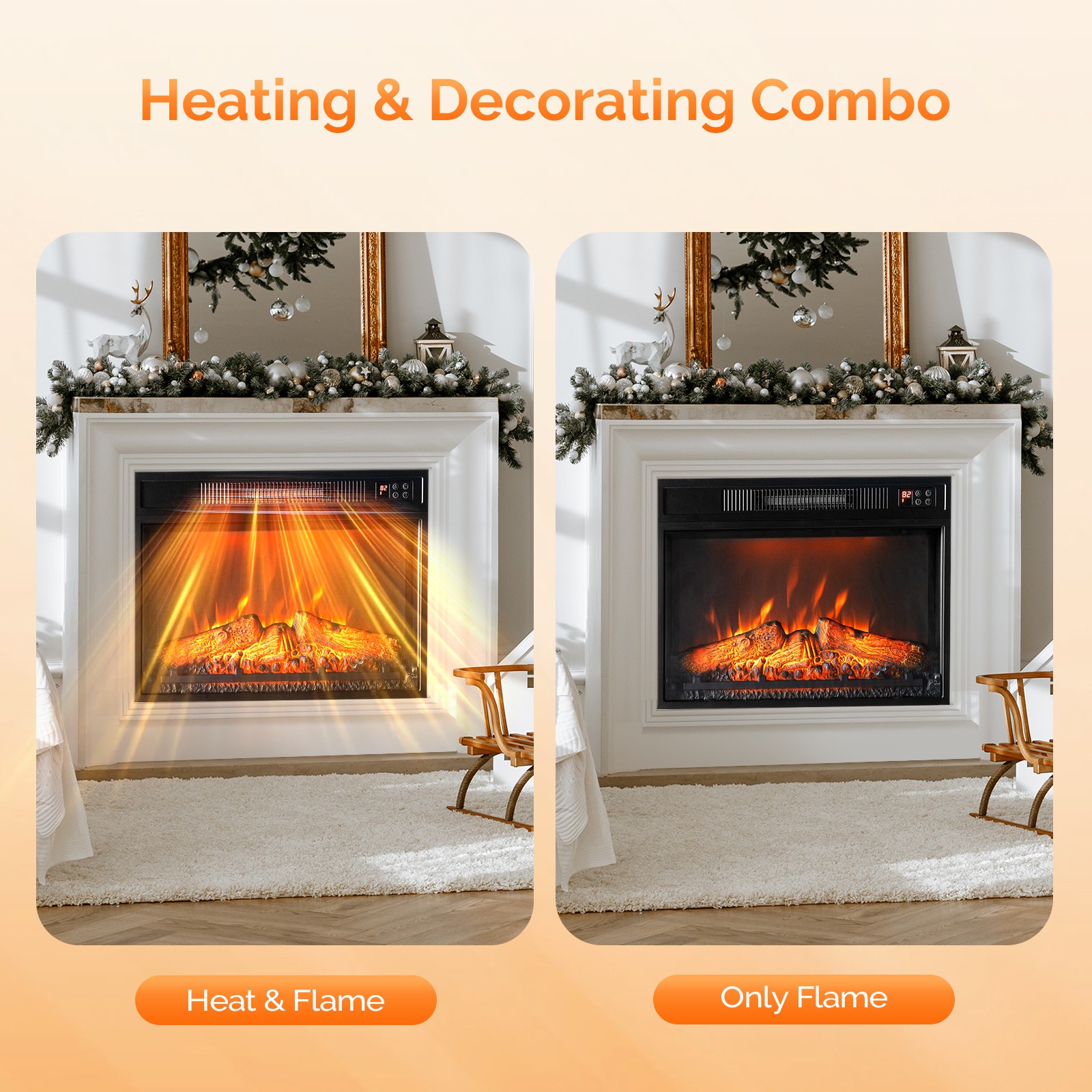 23" Electric Fireplace Insert Heater with Remote APP 6 Color Adjustable Flames