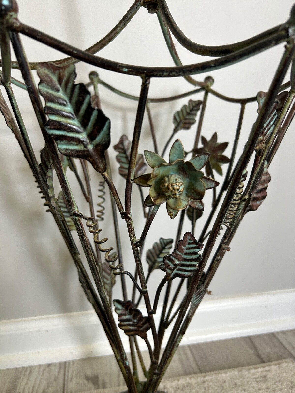 Vintage Wrought Iron Floral & Leaf Green Patina Umbrella Stand app 28” x 12”