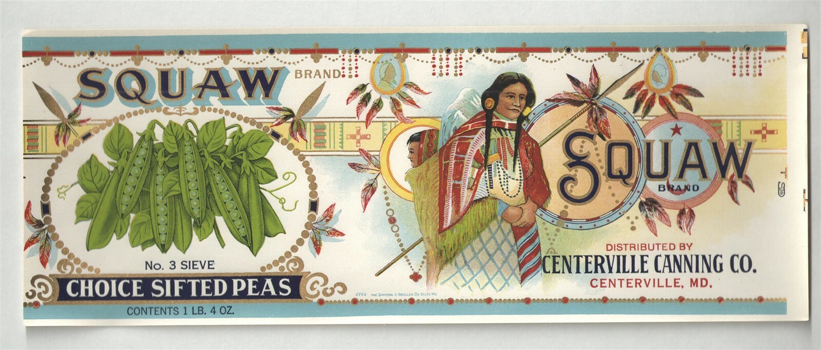 VINTAGE SQUAW BRAND PEAS { INDIAN GRAPHIC } UNUSED CAN LABEL LARGE 4 1/2" x 11"