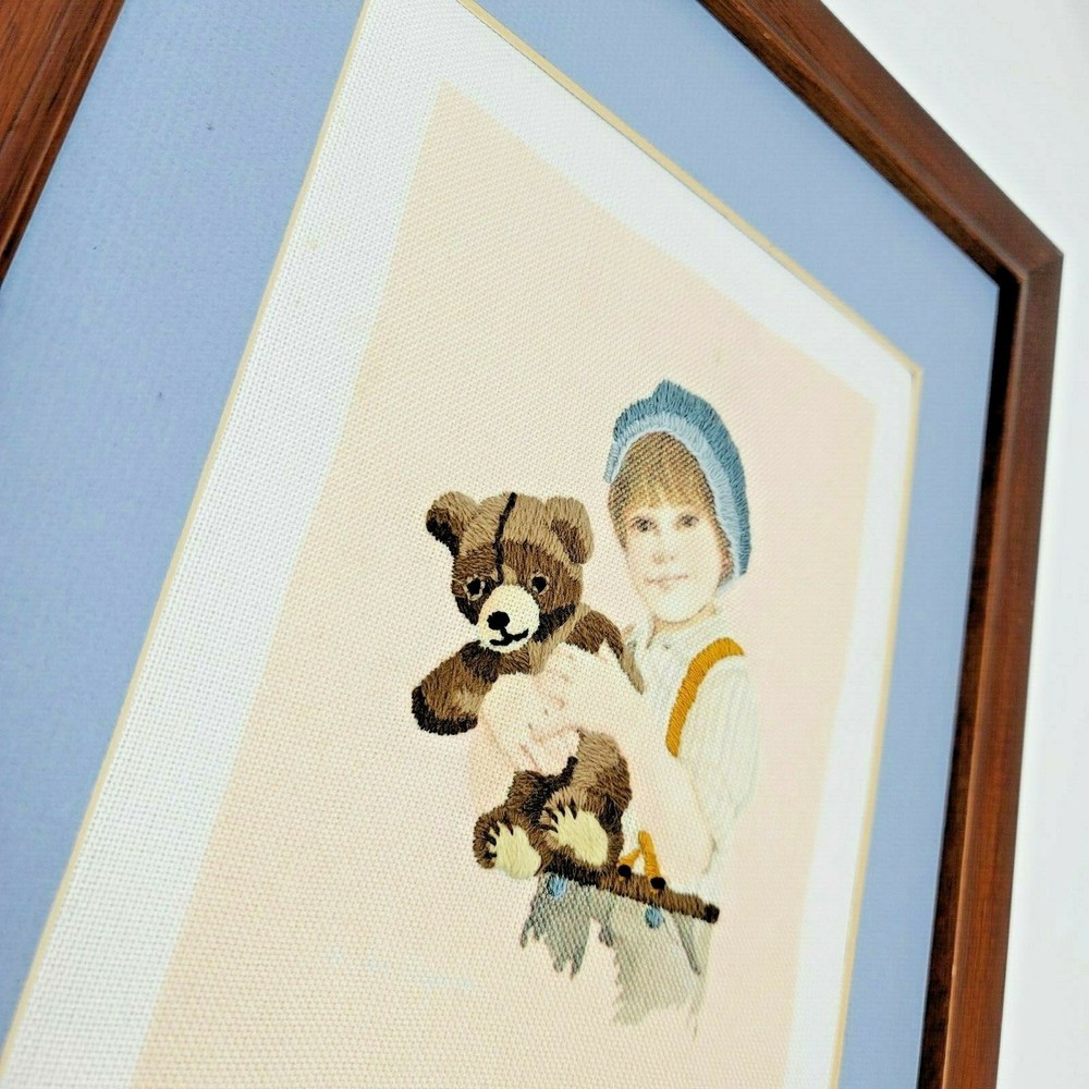 Boy w/ Teddy Bear Completed Needlepoint Embroidery Blue Framed Handmade