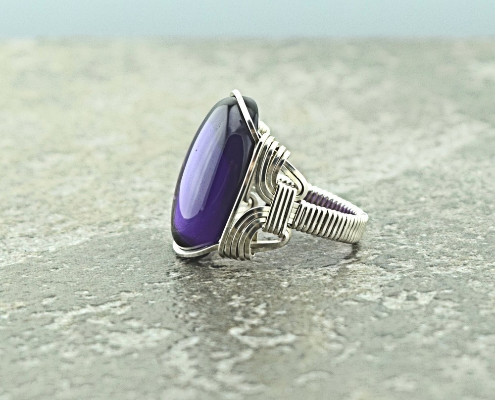 Handcrafted Sterling Silver Large Amethyst Quartz Wire Wrapped Ring