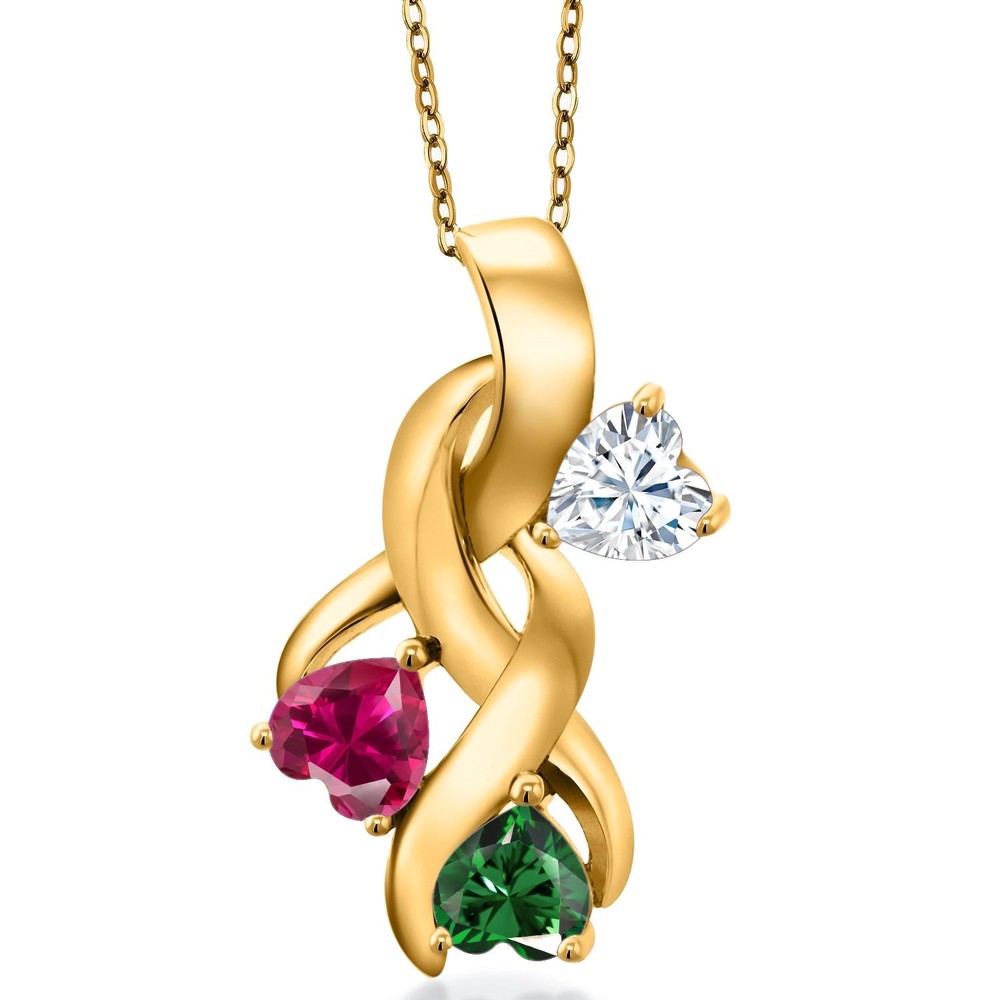 18K Yellow Gold Plated Silver White Moissanite and Created Ruby and Nano