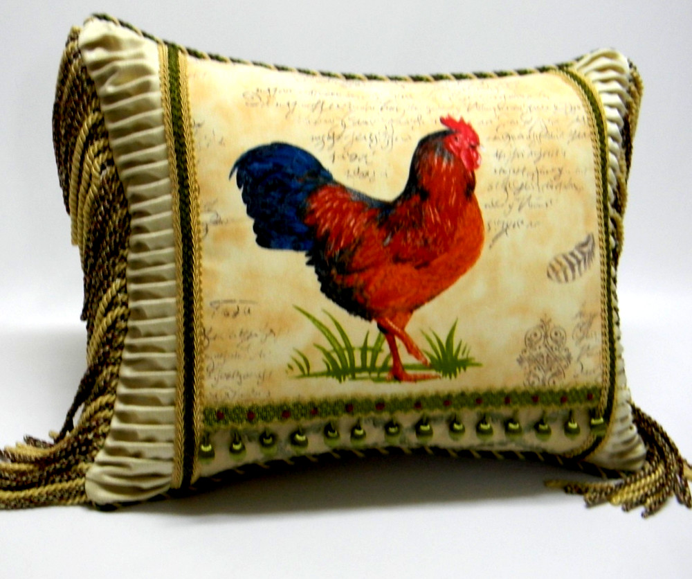 French Script & Rooster, Designer accent Pillow W/ insert