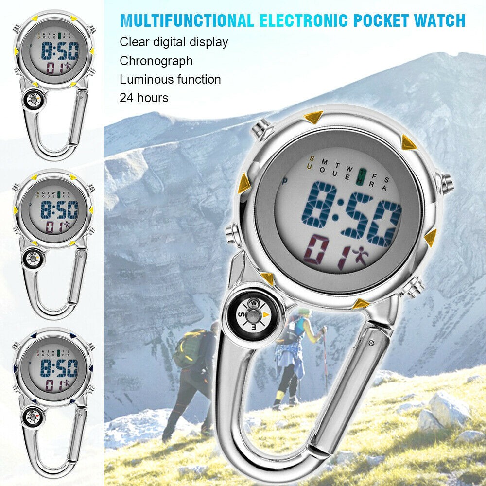 Alloy Luminous Backpack Clip On Band Carabiner Digital Sports Fob Hiking Watch.