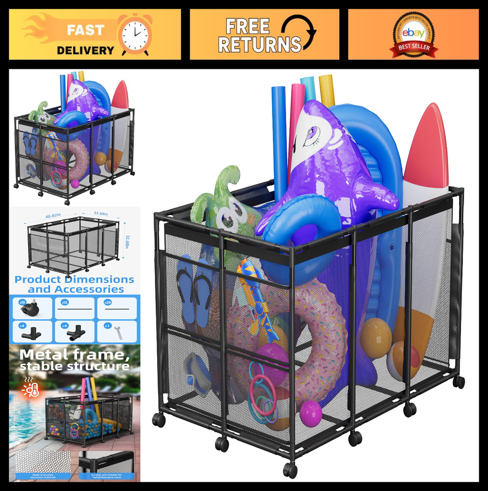 POOLHOUR XXL Pool Float Storage Organizer Mesh Rolling Bin Black