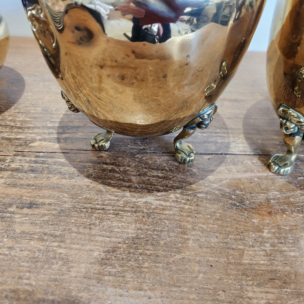 Antique Solid Brass Three Small/Medium Cache Pots on Styalised Liohead/Paw Feet