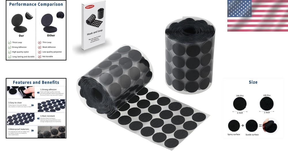 Versatile Black Self-Adhesive Dots - 1-Inch Hook Loop Coins for All Surfaces