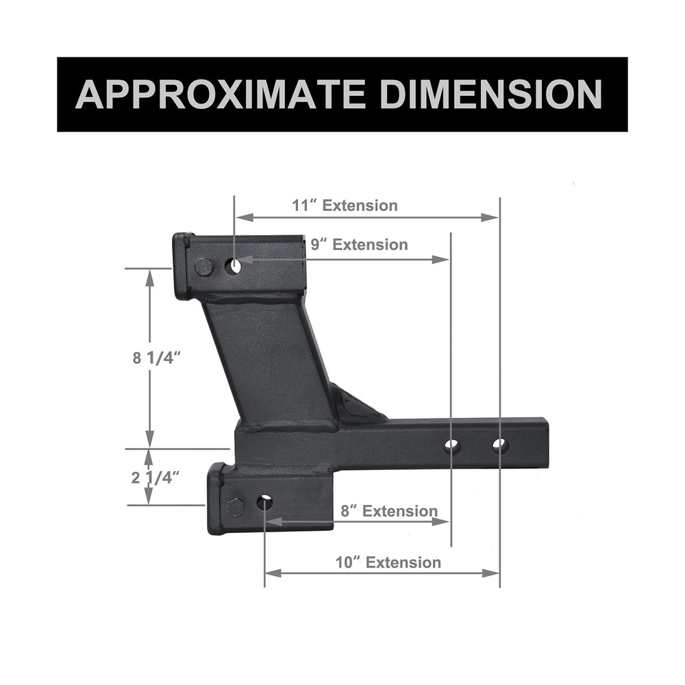 Dual Hitch Extender, 2/8" Riser/Drop - 2" Receiver, 10000lbs w/ Solid Shank
