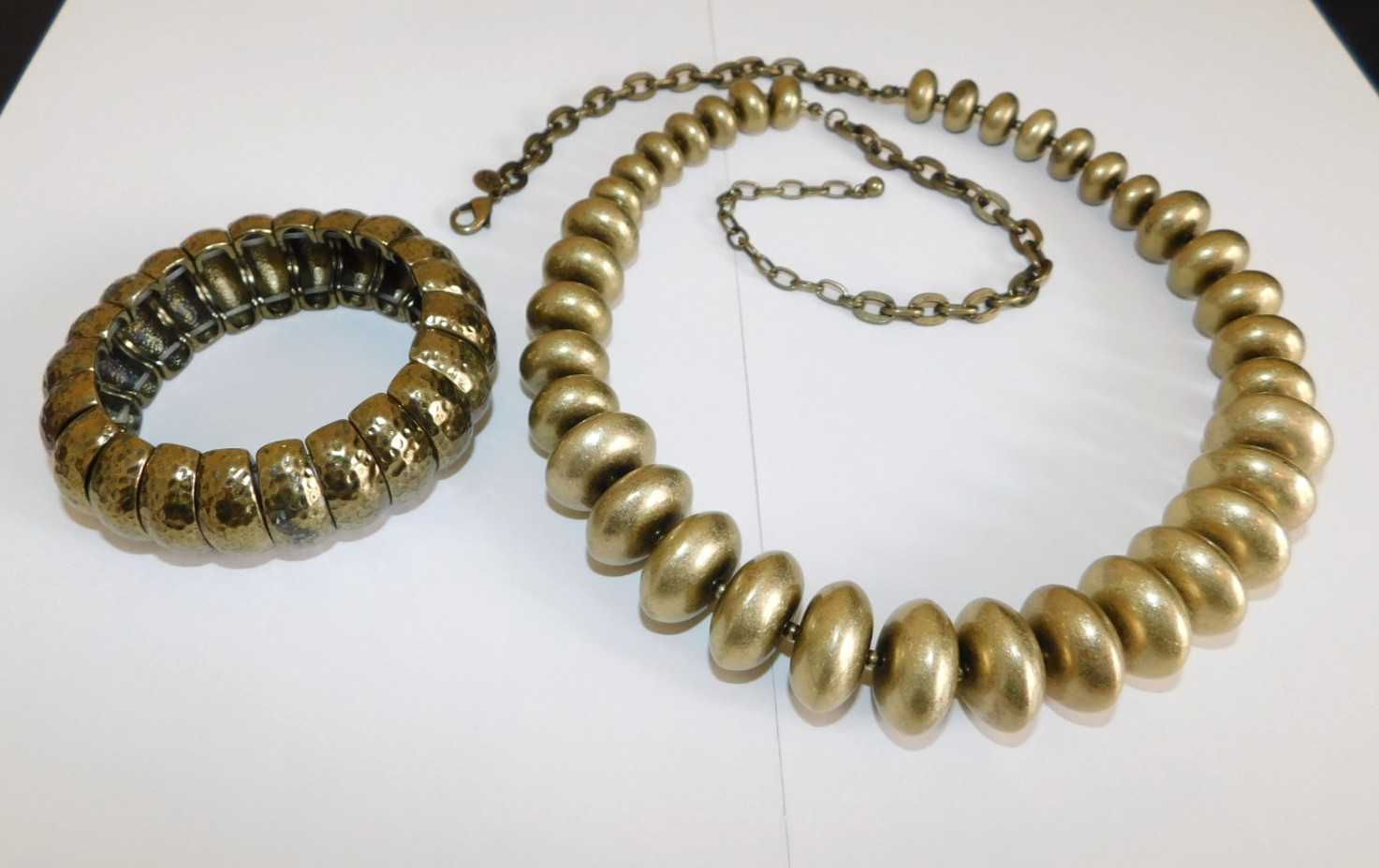 Vtg JOAN RIVERS Brass Tone Graduated Disc Bead Necklace & Stretch Bracelet Lot