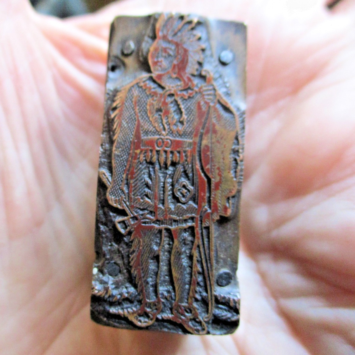 Printing Letterpress Printers Block Copper Standing Native American In Headdress
