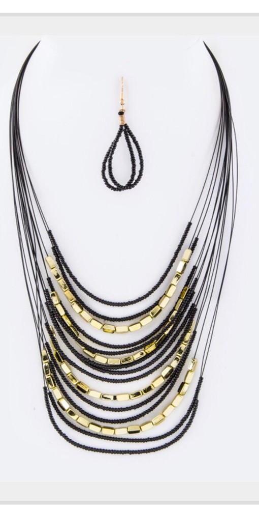 Mixed Beads Layered Necklace & Earrings Set Black