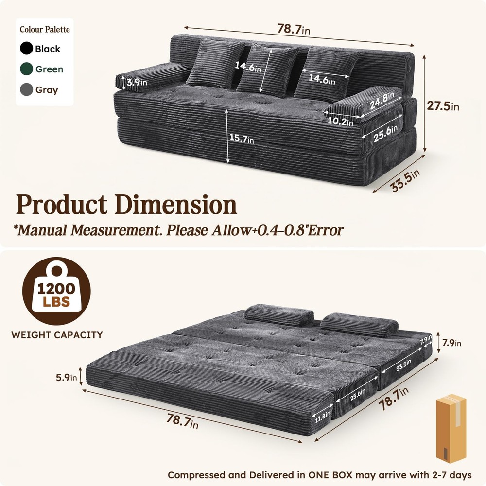 78.7IN Folding Sofa Bed - Convertible Sleeper Sofa Couch with Removable Pillo...