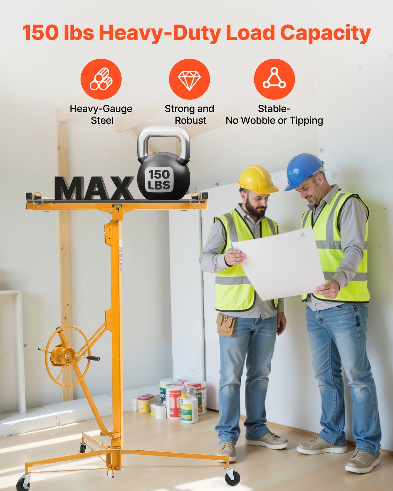 VEVOR 16ft Drywall Lift 150 lbs Sheetrock Hoist Adjustable Arm Lockable Wheels