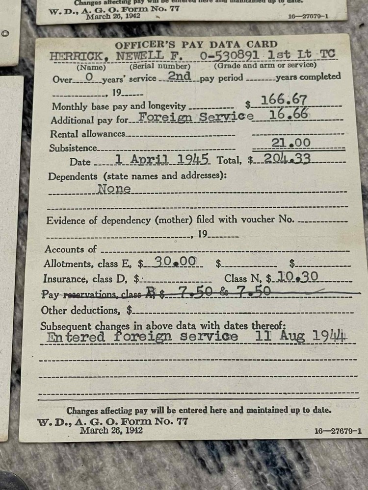 WW2 WWII US Army Grouping Documents & Sterling Silver ID Bracelet Newell Herrick