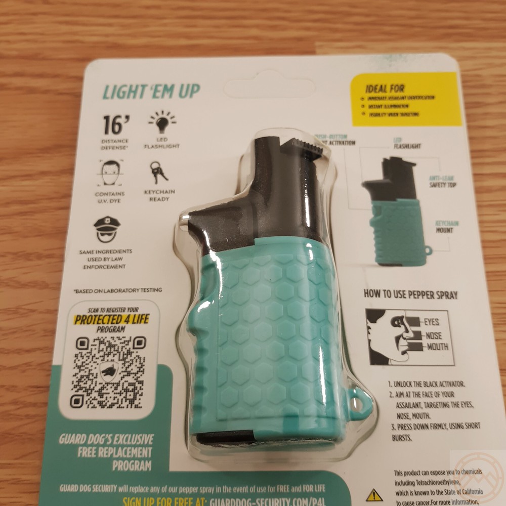 Guard Dog Light-Em Up Pepper Spray Flashlight Combo With Ring Max Strength 16ft