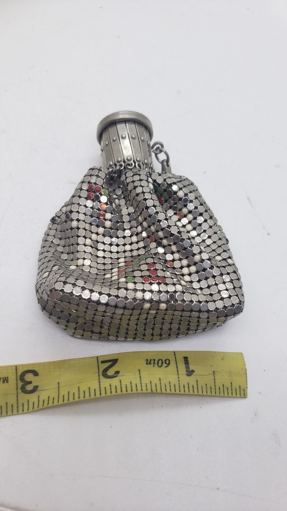 Vintage chatelaine Silver Mesh Coin Purse Compact Expanding Frame Enamel Accent