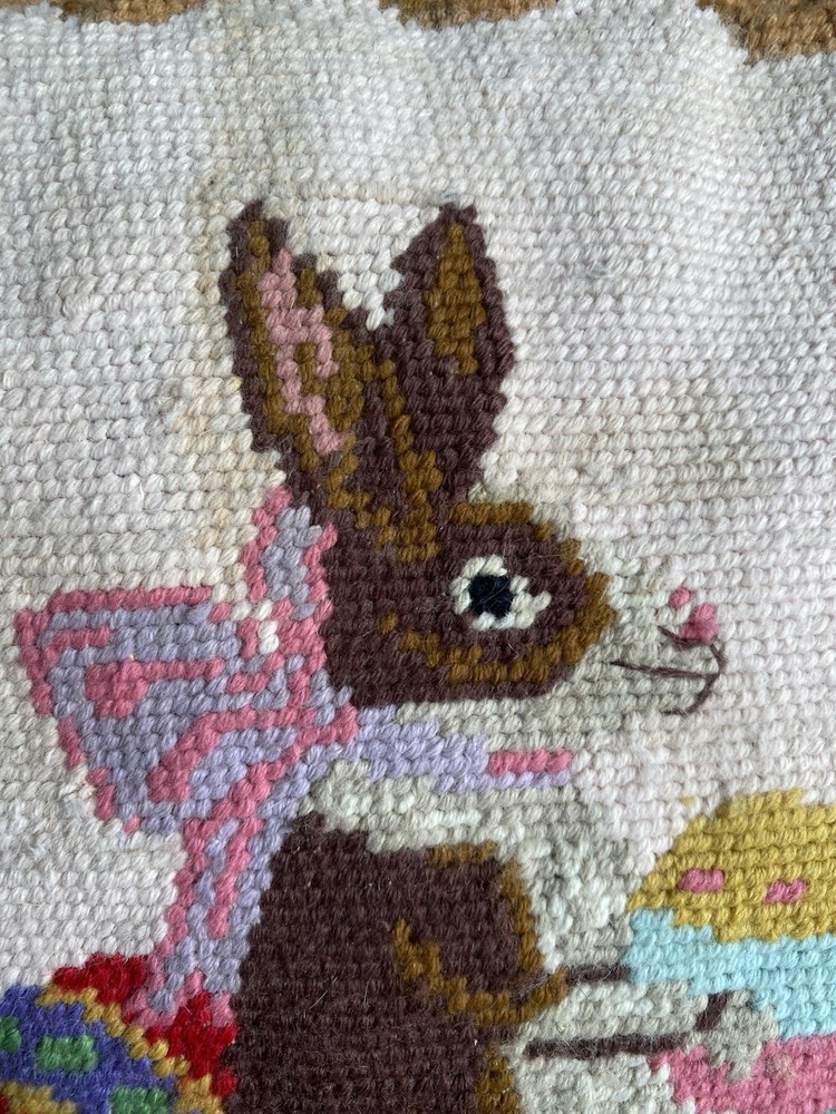 Vintage Needlepoint Pillow Easter Basket Bunny Chick Duck Eggs 15”