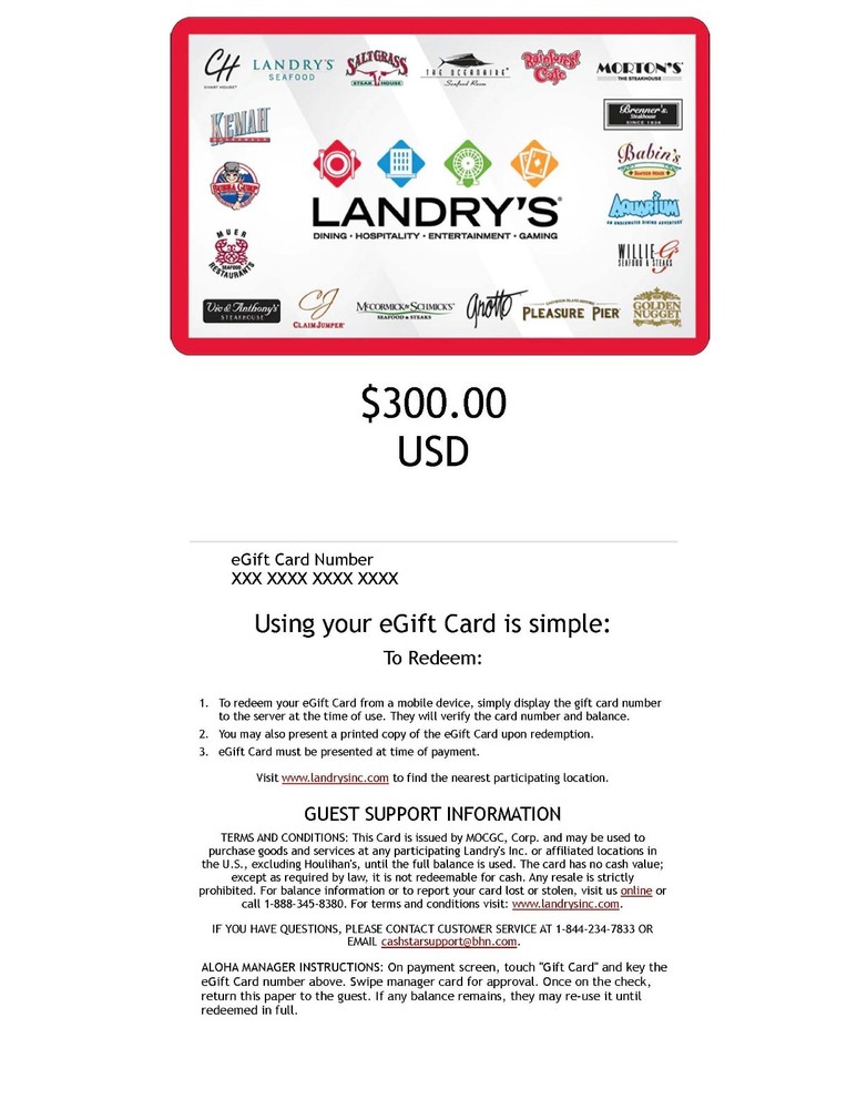 $300 Landry's Electronic Gift Card for $290