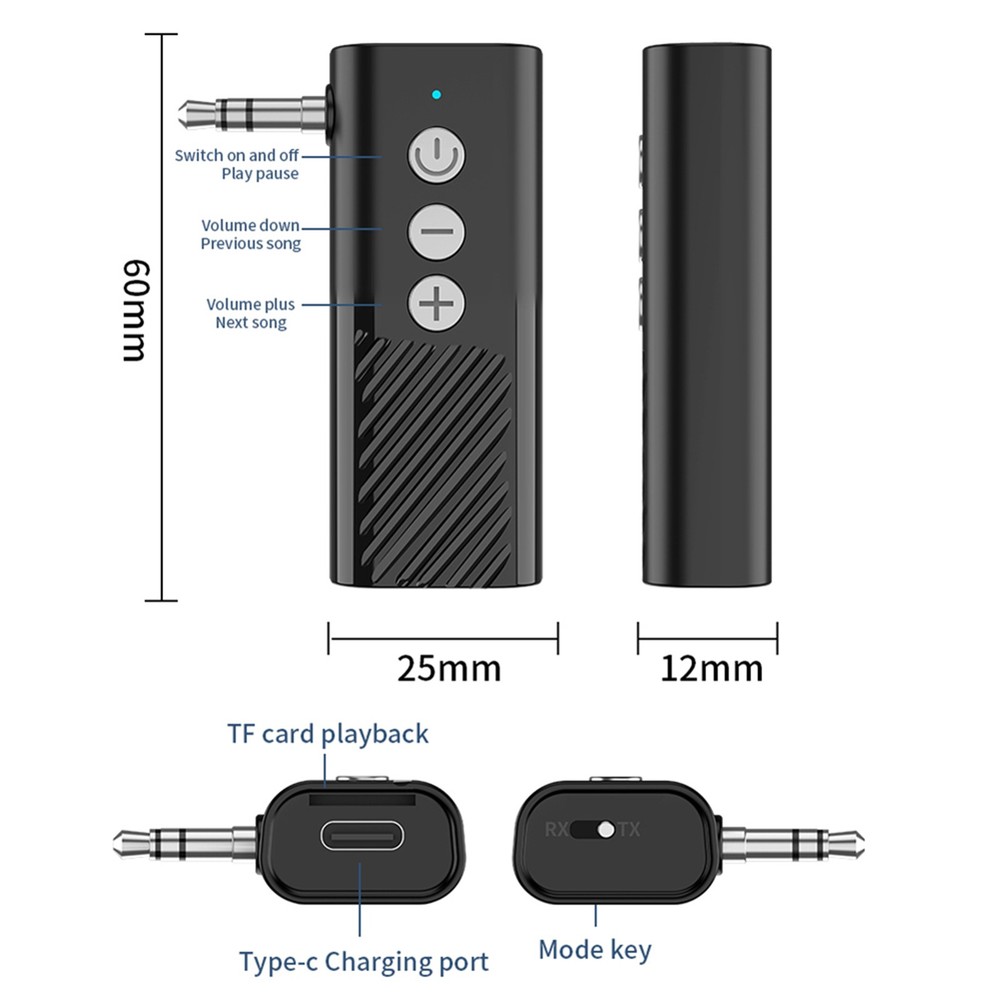 Black 3-in-1 Wireless Bluetooth 5.3 Transmitter Receiver Adapter Audio ABS