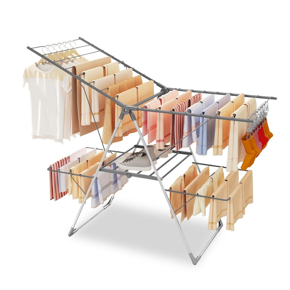 Bigzzia Clothes Drying Rack Foldable, 2-Level 2 Tier, Gray - 2 Level 142cm