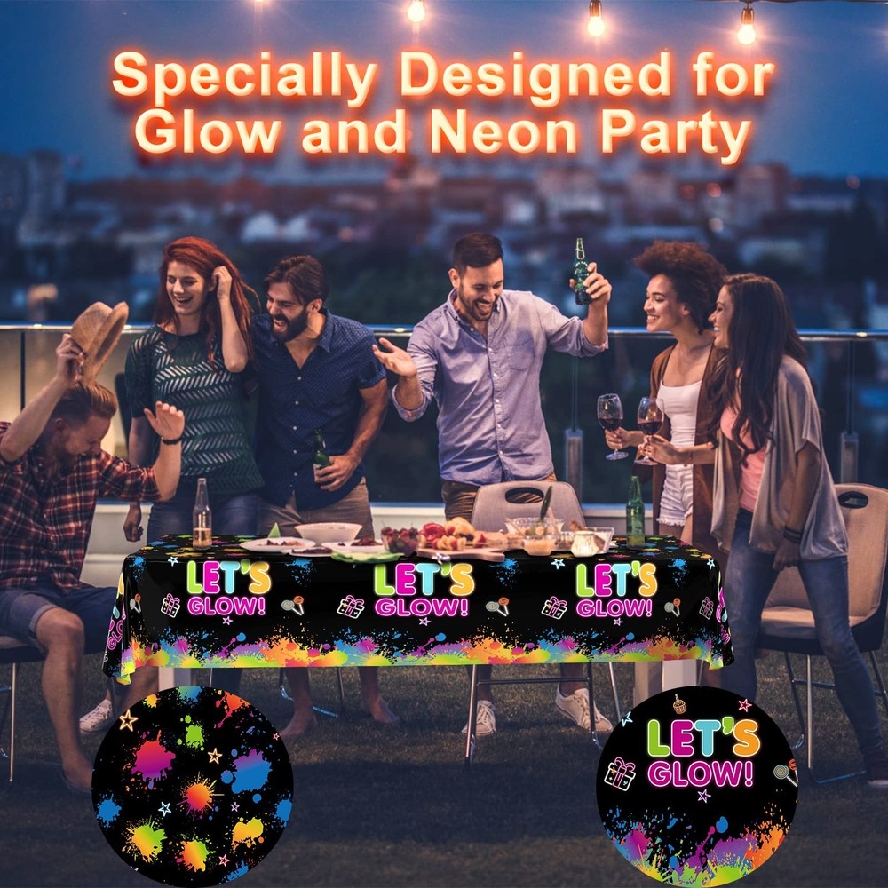 1 Pack Let's Glow Tablecloth- Neon Party Table Cover, Disposable Plastic Rect...