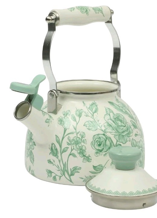 Pioneer Woman ~ AGATHA ~ 2 Quart Tea Kettle ~ Enamel on Steel ~ Floral ~ GREEN