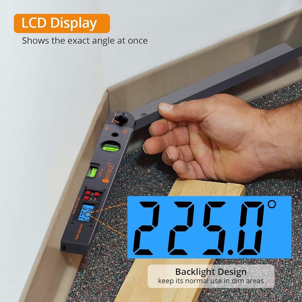 Backlit LCD Digital Protractor for Measuring Angles with Horizontal Bubble Level