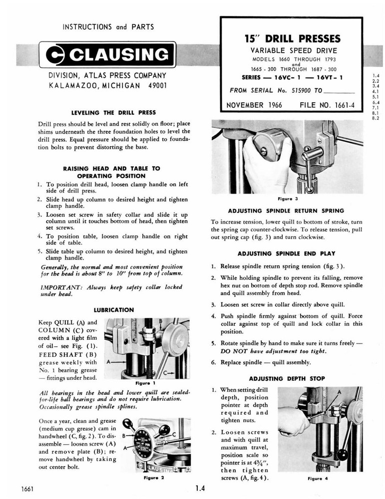 DRILL PRESS Operator Instruction Manual CLAUSING 15" inch Models 1660 to 1793