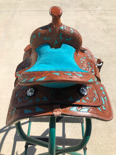 Youth Western Barrel Saddle | Floral Tooled | 8 " -Pink/Purple/Turquoise/Brown