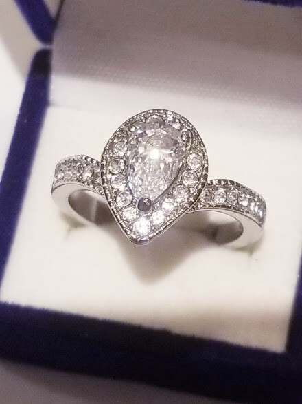 CLEARANCE Pear Halo simulated Diamond  Solitaire Engagement Ring Stainless steel