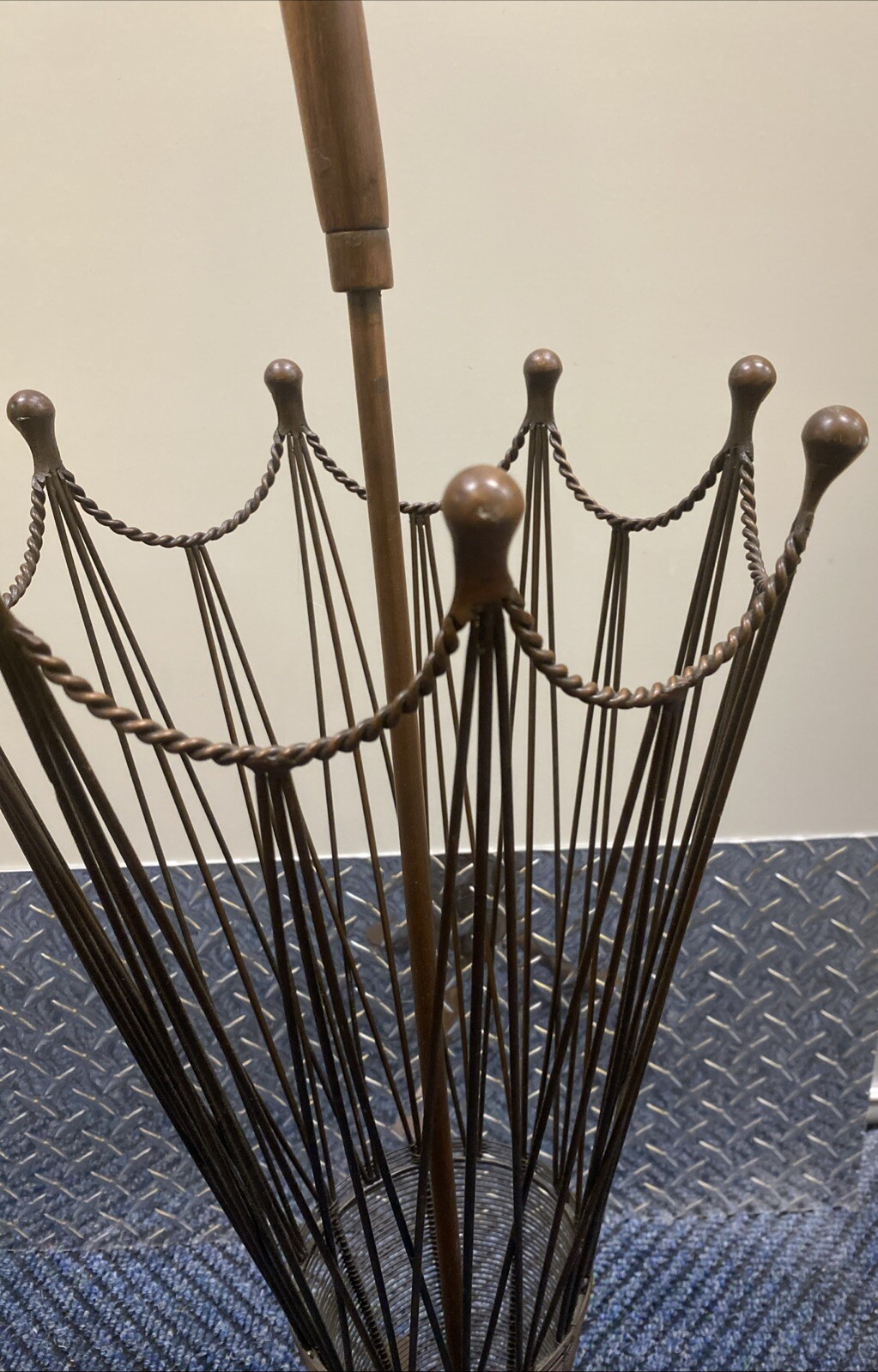 MCM Umbrella Shaped Stand Canes Umbrellas Copper Wire Wood handle 32” X 11.5”