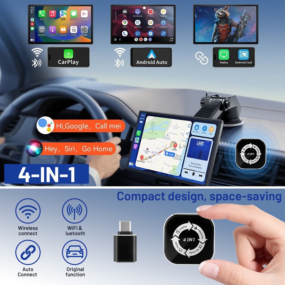 4-in-1 Wireless CarPlay Adapter & Android Auto Wireless Adapter, Plug & Play
