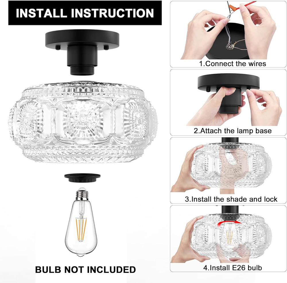 Semi Flush Mount Ceiling Light, Globe Glass Ceiling Light Fixture, Black Modern