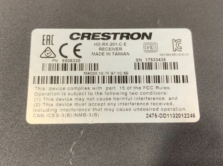 Crestron HD-RX-201-C-E HDMI HDBaseT Receiver & 2x1 Switch w/ PSU
