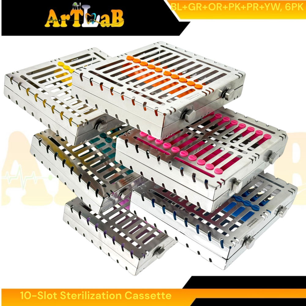 6 Count - Sterilization Cassettes for 10 Instruments, Detachable, 2-Button Lock