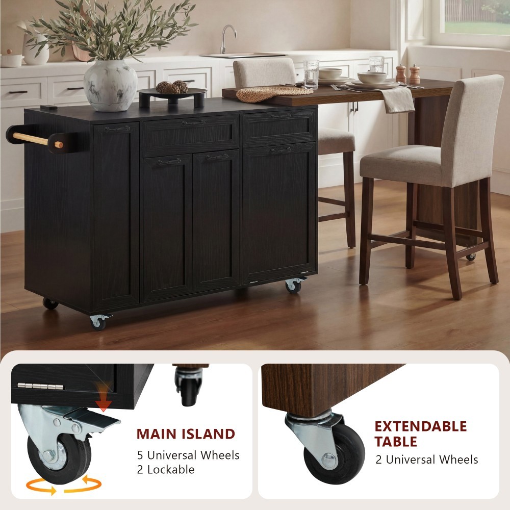 Kitchen Island with Extendable Dining Table, Kitchen Rolling Island Cart