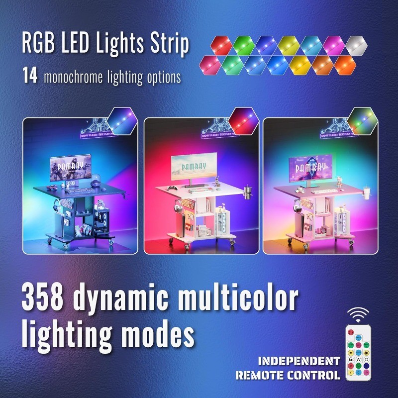 Small Rolling Gaming Desk Led Lights Power Outlets and Storage Pegboard Small