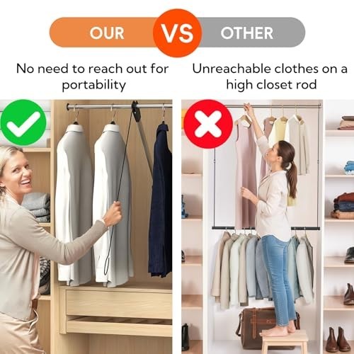 Pull Down Closet Rod, 26 Inch Soft-Close Buffering Clothing Organizer, Stainless