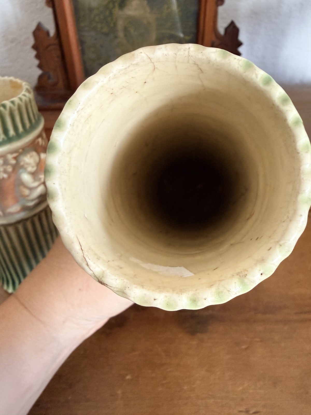 Pair Antique Roseville Donatello Cherub Bud Vases Green Art Pottery 1916