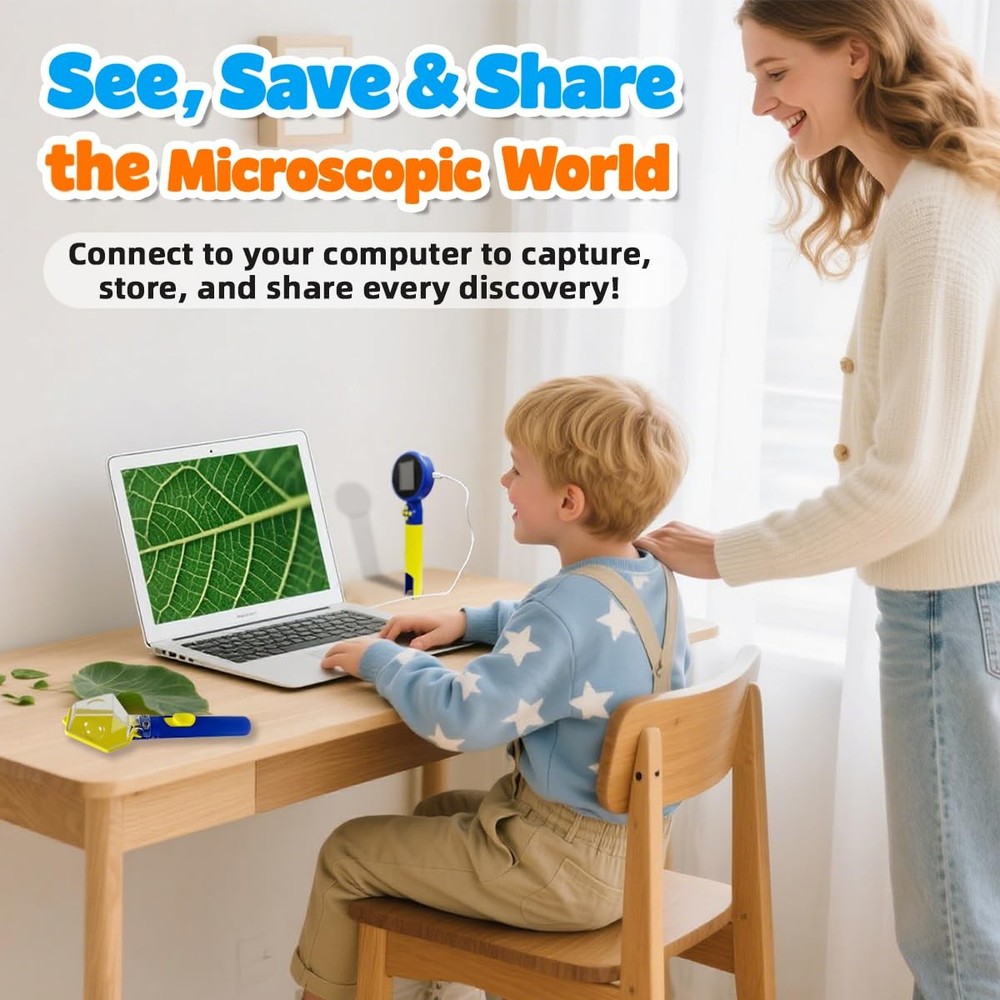 Kids Microscope with Bug Catcher Kit, 1080P Digital Mini Handheld Blue