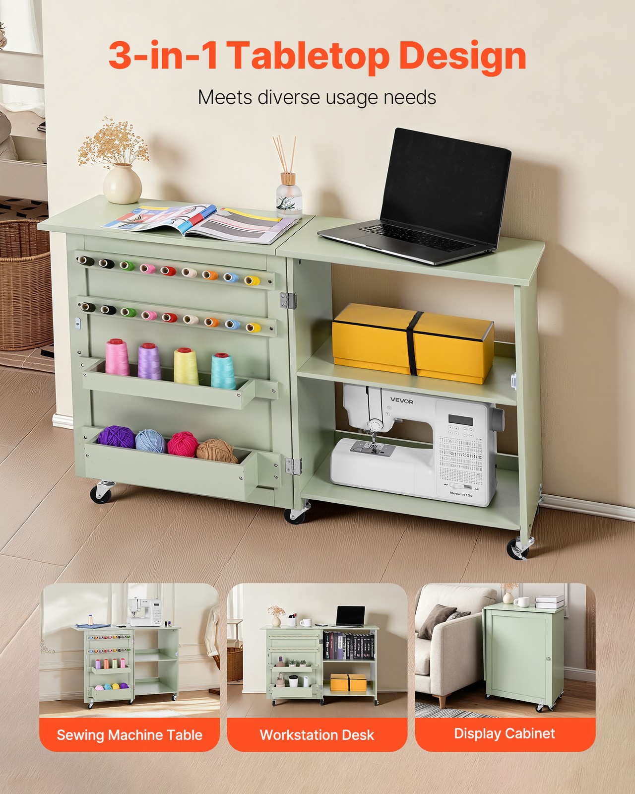 VEVOR Folding Sewing Table Multipurpose Sewing Machine Table Compact Light Green