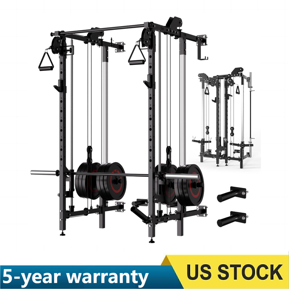 Wall Mount Smith Machine Folding Power Rack w/Pulley System Squat Rack Power Cag