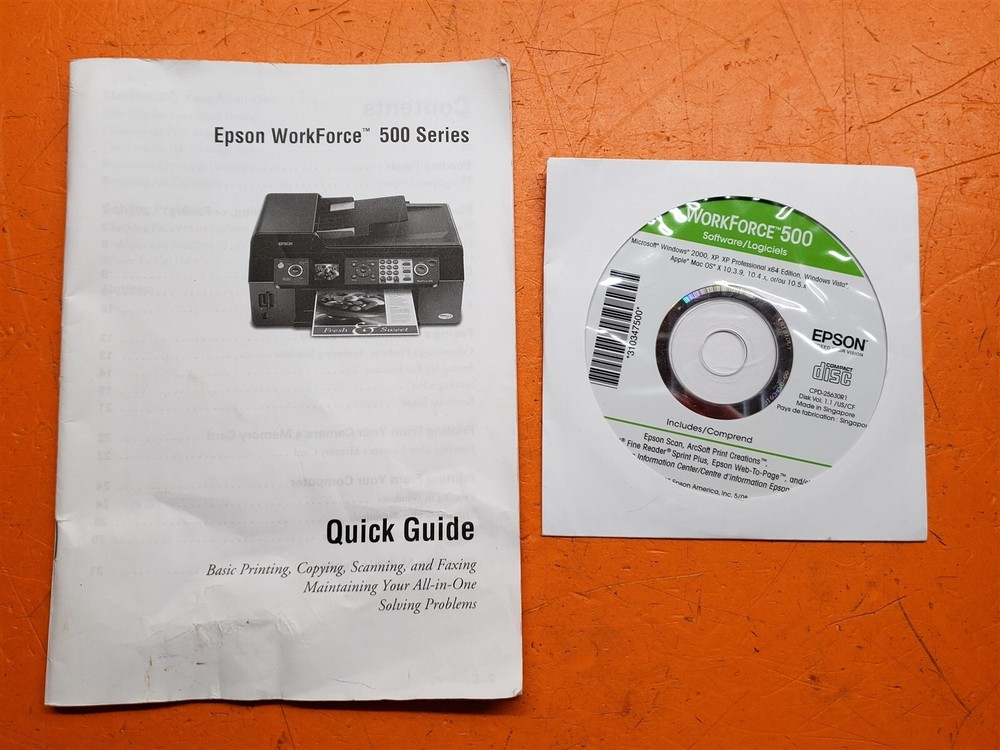 ⭐️⭐️⭐️⭐️⭐️ Epson WorkForce 500 Quick Guide Manual & Install CD Disc Software