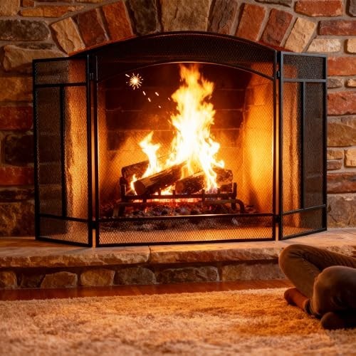3 Panel Fireplace Screen with Hinged Doors, 48.2" Spark Guard, Wrought Iron Safe